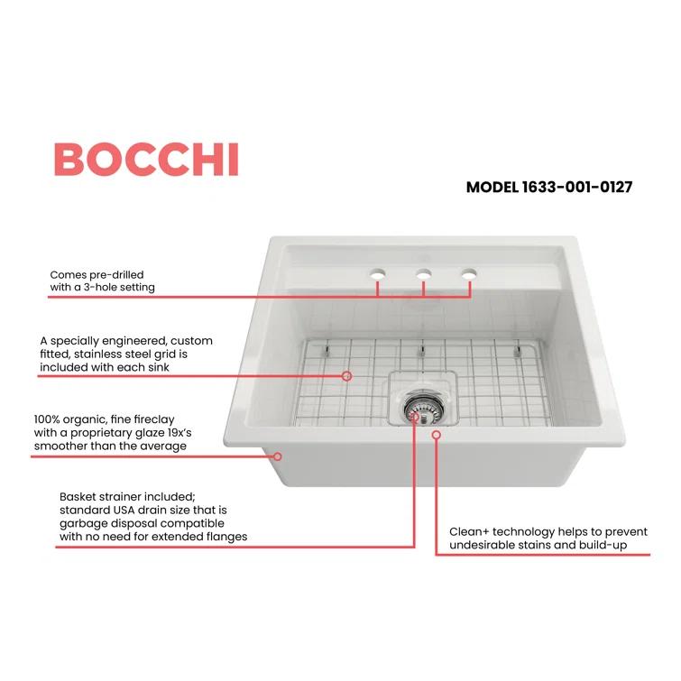 BOCCHI Baveno 27'' L Dual Mount Single Bowl Fireclay Kitchen Sink 1633-001-0127