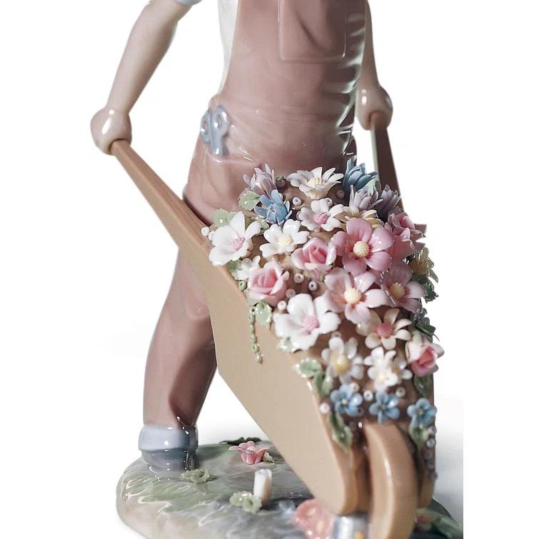 Lladro Wheelbarrow with Flowers Boy Figurine