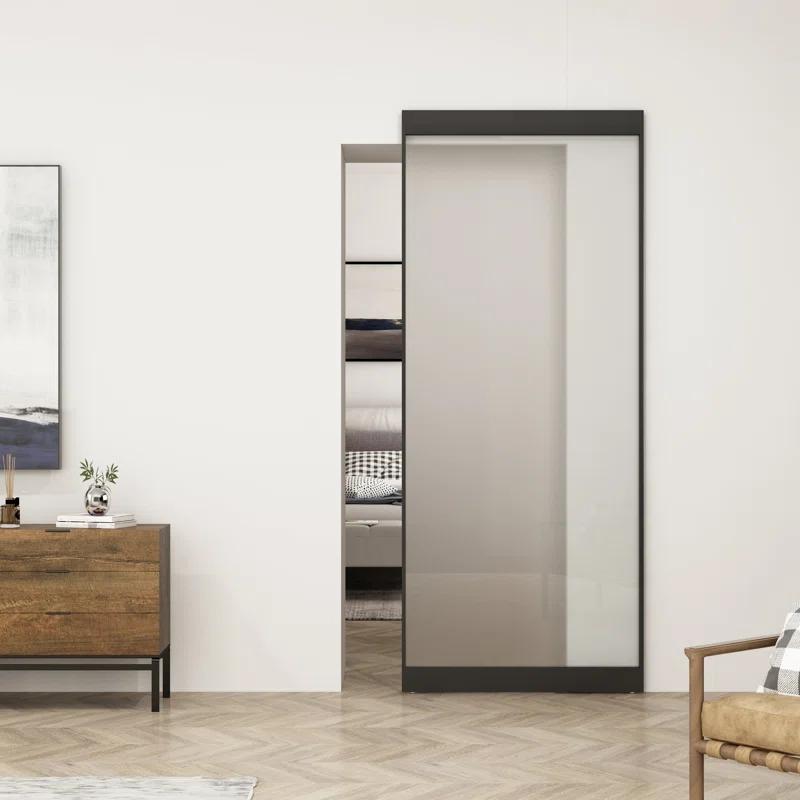 40 in. x 84 in. Full Lite Frost Glass Steel Frame Sliding Door with Hardware Kit Hidden Track System
