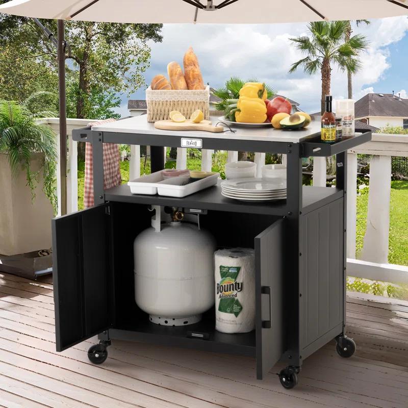 Feasto Feasto 35''H x 32''W Cabinet Utility Cart with Wheels, Outdoor Grill Cart, Rolling Kitchen Cart for BBQ Food Prep