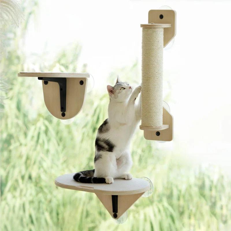 Archie & Oscar™ Cat Window Perch Hammock With Climbing Steps And Scratching Post Wooden Window Mounted Cat Bed For Indoor Cats (3 Pcs Cat Climber Set)