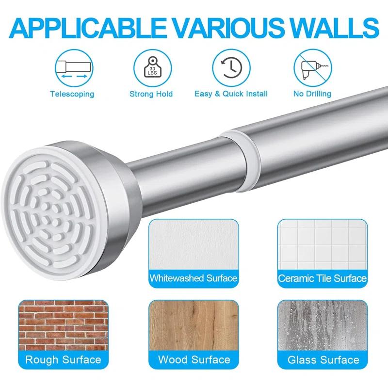 OUMIKEJI Shower Curtain Rod, 27-76 Inch Adjustable Tension Spring, Shower Curtain Rod Tension, Premium Stainless Steel, Anti-Slip, No Drilling, No Rust, For Bathroom, Silver