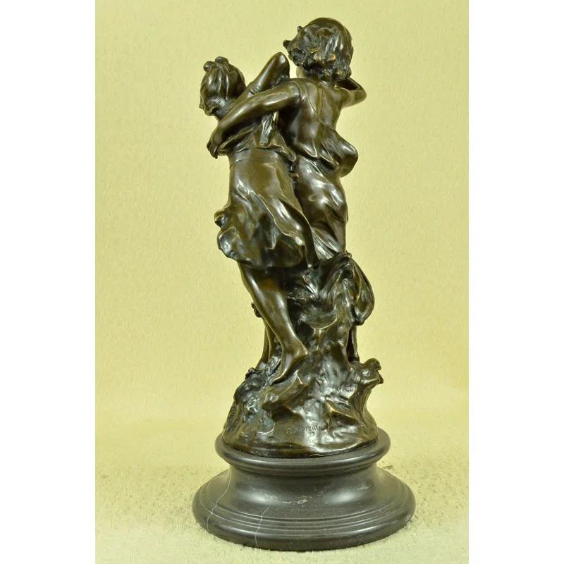 Bloomsbury Market Signed Original Boy And Girl Walking Outdoor Bronze Sculpture Marble Base Statue
