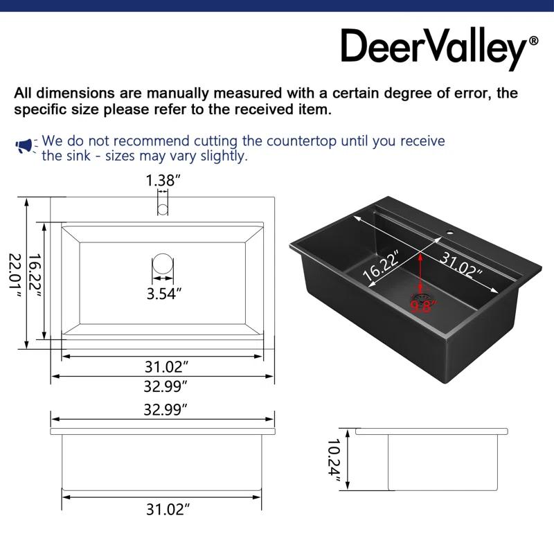 DeerValley DV-1K0170 DeerValley 33" L Quartz Composite Workstation Kitchen Sink Drop in Single Bowl Sink