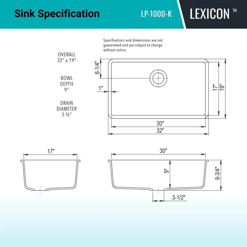 Lexicon LP-1000-K 32" x 19" Quartz Kitchen Sink, Single Bowl Sink, Drop-in Sink, Undermount Sink, Granite Kitchen Sink, with Steel Grids and Basket Strainer, Disposal Flange