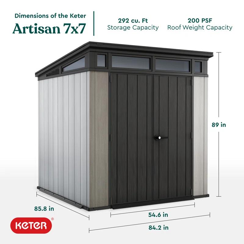 Keter Artisan 7x7 ft. Modern Durable Resin Outdoor Storage Shed With Floor and Double Doors for Garden Patio Furniture and Tools, Grey