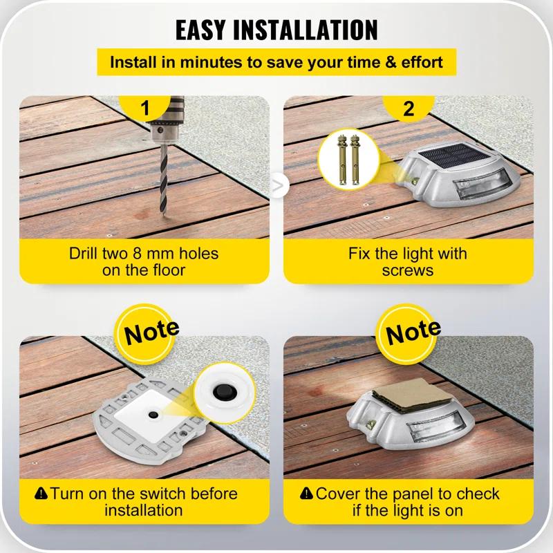 VEVOR Solar Dock Lights Low Voltage Solar Powered Integrated LED Metal Pathway Light Pack (Set of 8)