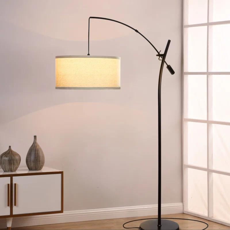 Brightech Grayson 84 in. Mid-Century Modern Height-Adjustable LED Arched Floor Lamp with Beige Fabric Drum Shade