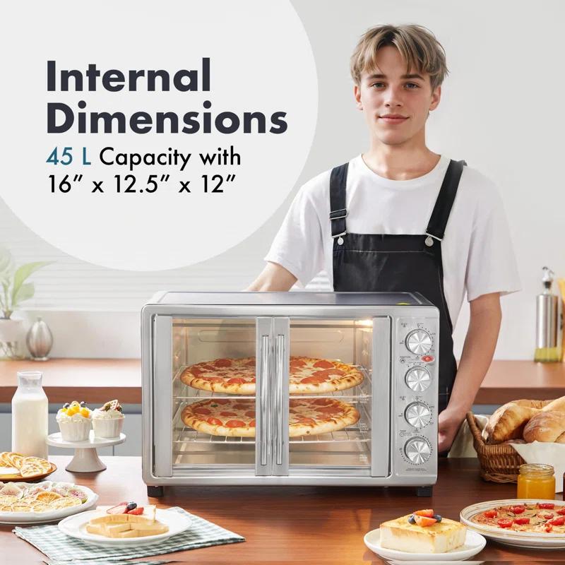 MODERN WALLS LLC French Door 47.5Qt, 18-Slice Convection Oven 4-Control Knobs, Bake Broil Toast Rotisserie Keep Warm, Includes Pizza Racks