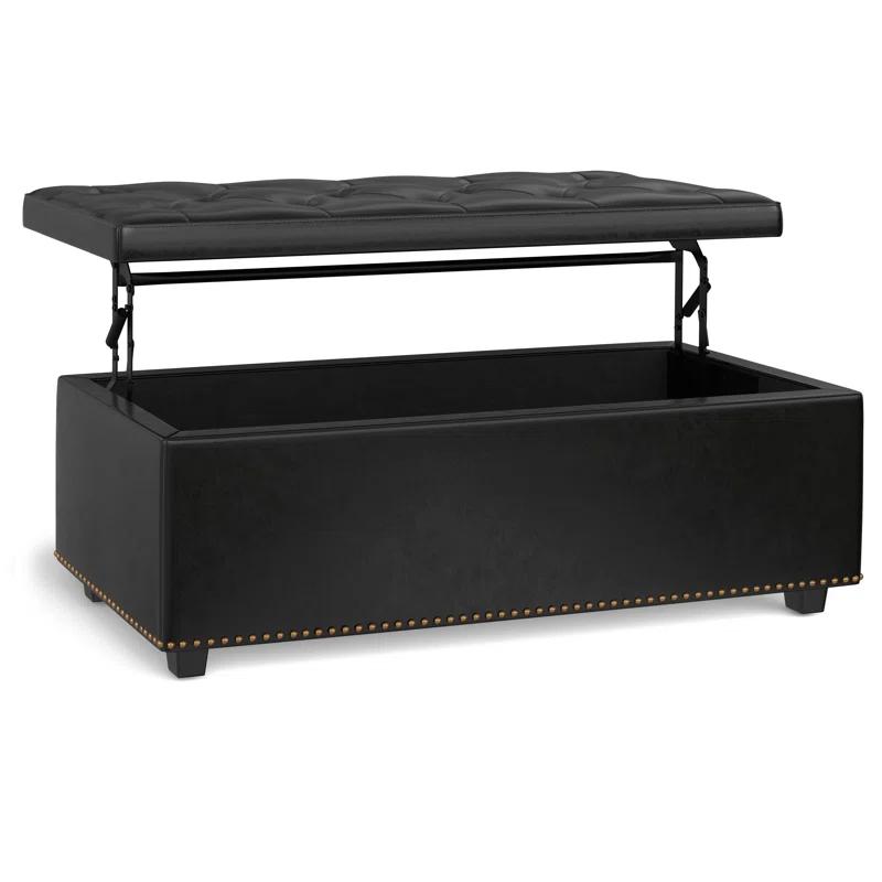 Simpli Home Hamilton 44"W Upholstered Lift-Top Storage Ottoman with Nailhead Trim and Tufted Detailing