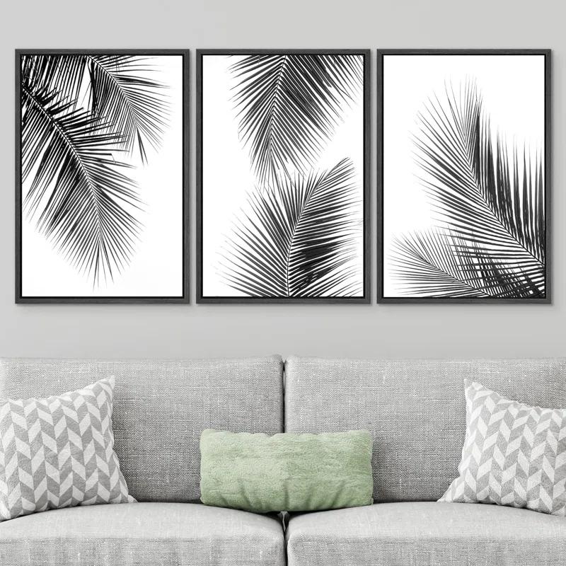 IDEA4WALL Minimal Botanical Black And White Tropical Palm Tree Leaves Organic Modern Framed Canvas 3 Pieces Print Wall Art