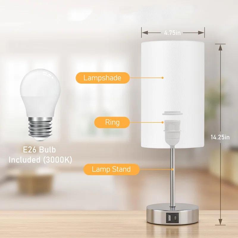 Ebern Designs Table Lamp For Bedroom, 3 Way Dimmable Touch Lamp With Dual Charging Station, Small Bedside Lamps For Night Stands, Living Room, Office(LED Bulb Included)