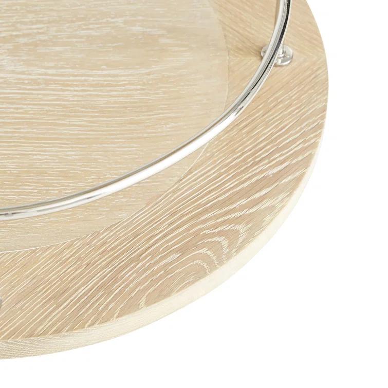 Bleached Wood Oval Bar Cart with Storage and Leather Handle