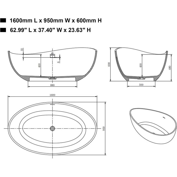 Vanity Art 63" x 37" Freestanding Soaking Stone Bathtub VA6918-ML