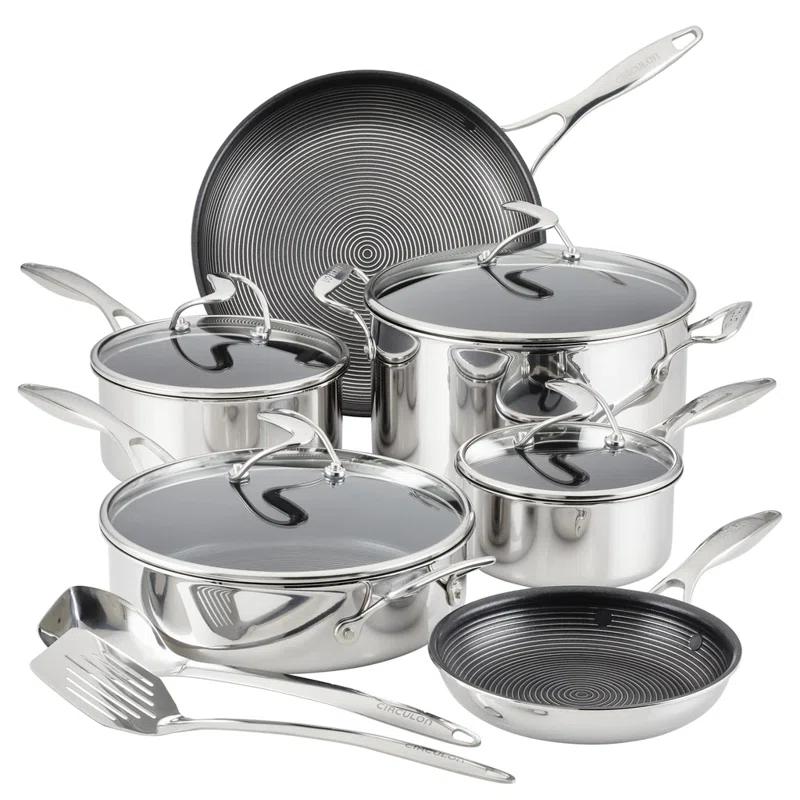 Circulon Circulon Clad Stainless Steel Cookware and Utensil Set with Hybrid SteelShield Nonstick, 12-Piece