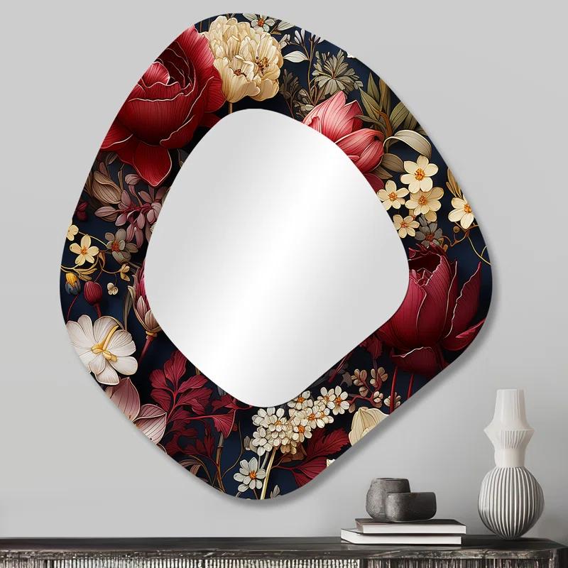 Design Art Victorian Royal Burgundy Peonies - Floral Traditional Wall Mirror In Asymmetrical Shapes