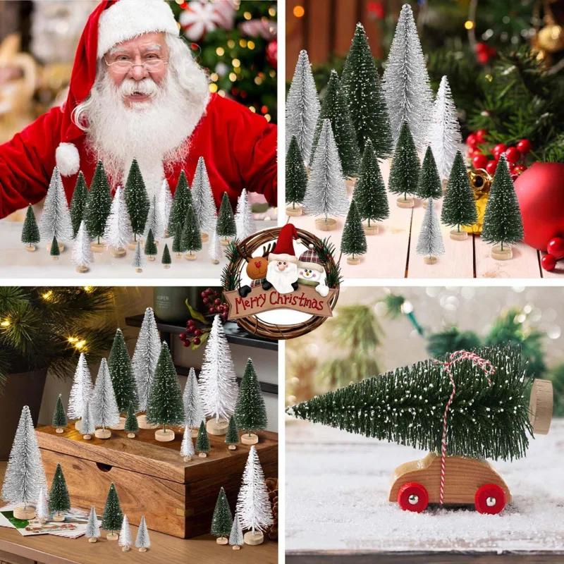 30Pcs Mini Christmas Trees Artificial Christmas Tree Bottle Brush Trees With Wooden Base For Christmas Decor Christmas Party Home Table Craft Decorations