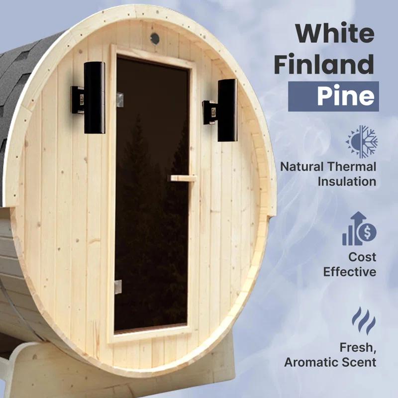 ALEKO Outdoor and Indoor White Pine Barrel Sauna - 3-4 Person - 4.5 kW UL Certified Heater - Bitumen Shingle Roofing