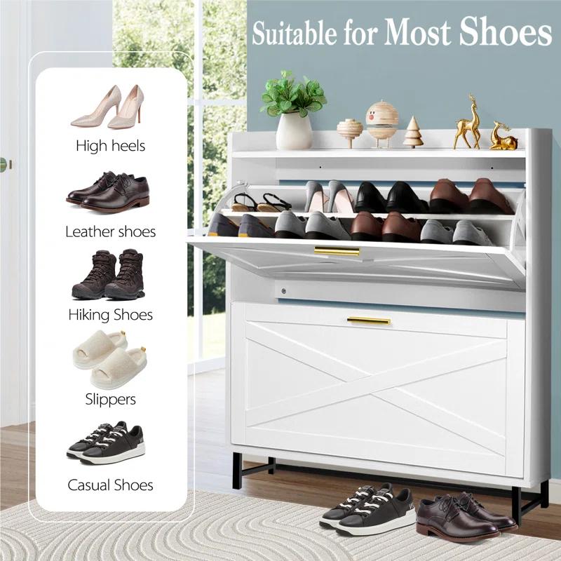 Gracie Oaks Shoe Cabinet With 2 Flip Drawers, Narrow Shoe Cabinet Hidden Shoe Rack Freestanding Shoe Cabinet Organizer For Entryway, Hallway