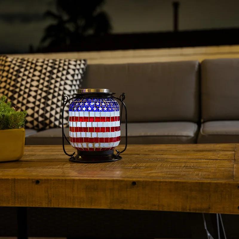 Patriotic Solar Powered LED Outdoor Lantern with Metal Frame