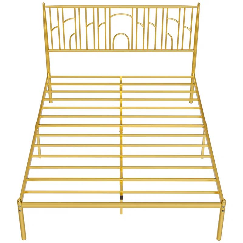 Mercer41 Gold Queen Size Metal Platform Bed Frame with Iron Art Headboard