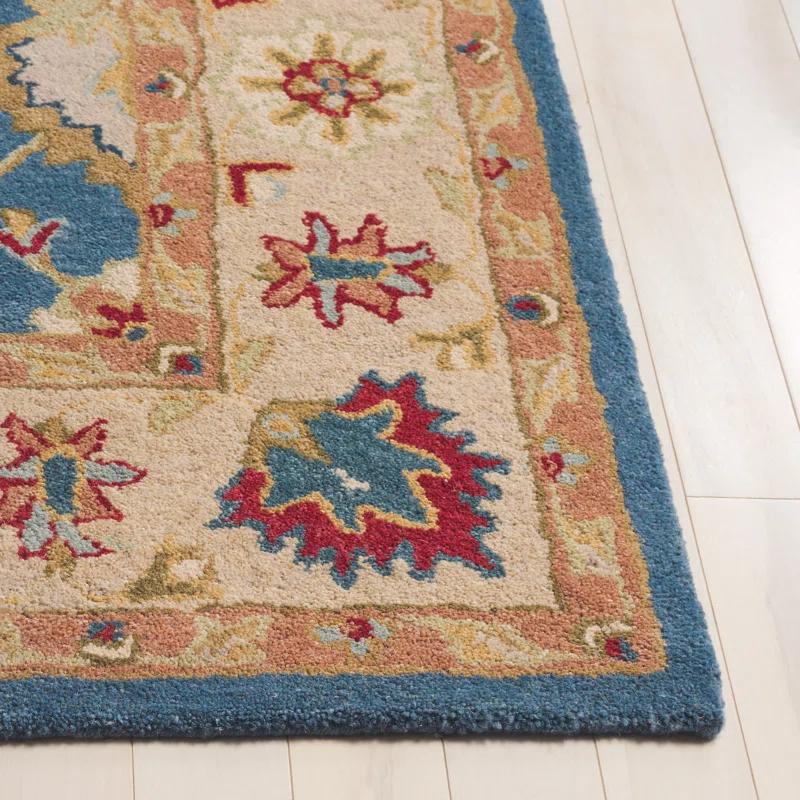 Antiquity Inspired Blue and Beige Handmade Wool Area Rug - 7'6" x 9'6"