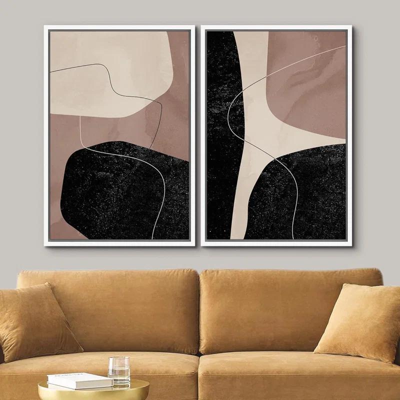 Mid Century Shape "Brown And Black Abstract Neutral Line Chic Framed Canvas Print 2 Pieces Wall Art