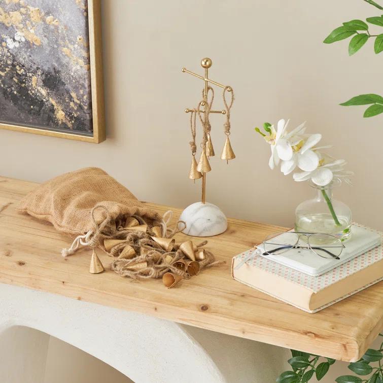 Rosalind Wheeler Metal Tibetan Inspired Indoor Outdoor Gold Decorative Bells With Brown Jute Rope And Canvas Drawstring Tote Set (Set of 36)