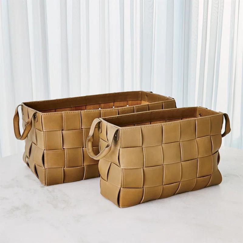 Global Views Soft Woven Leather Basket-Putty