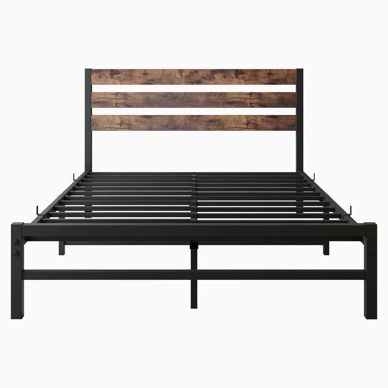 Full Size Platform Bed Frame with Rustic Vintage Wood Headboard,  No Box Spring Needed Rustic Brown