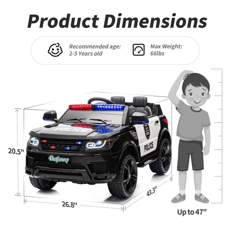 Outfunny Electric Police Car for Kids, 12 Volt Kids Ride on Toy Car with Remote Control, Bluetooth, Megaphone