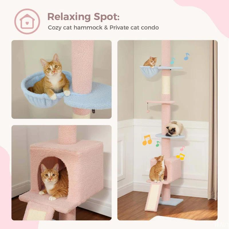 Adjustable Height Floor To Ceiling 5-Tier Tall Cat Tree Tower For Indoor Cats With Cat Condo, Cat Scratching Post And Cat Ladder