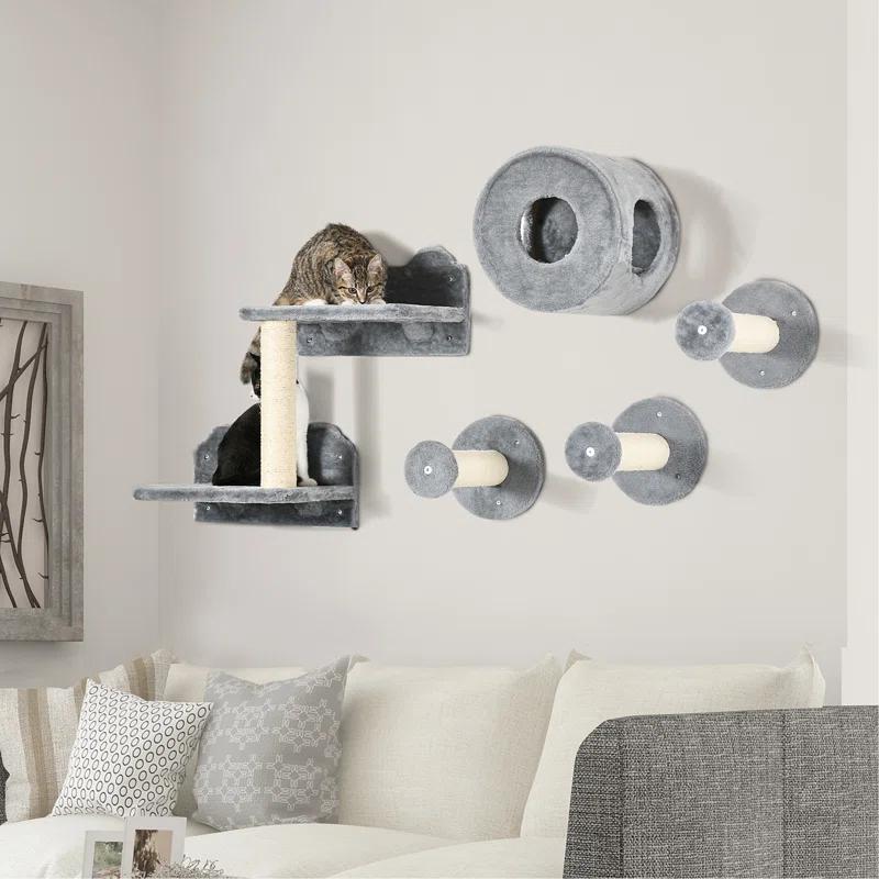 George Oliver Versatile Cat Wall Shelves Set With Condo, Cushion, Scratching Post And Jumping Platform