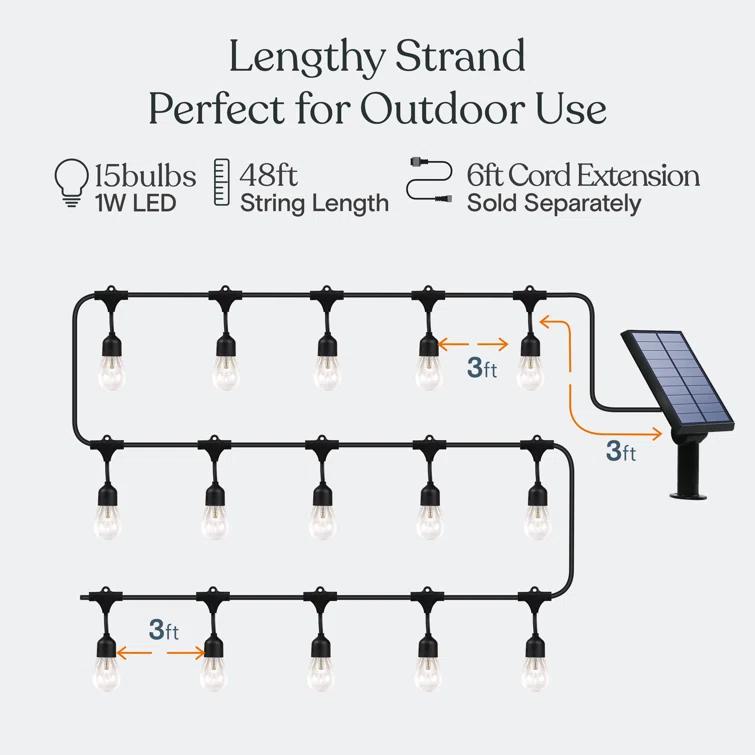 Brightech Ambience Pro 48 ft. Solar-Powered Outdoor LED String Lights with 15 Warm White S14 Bulbs, Weatherproof and Commercial-Grade Cord