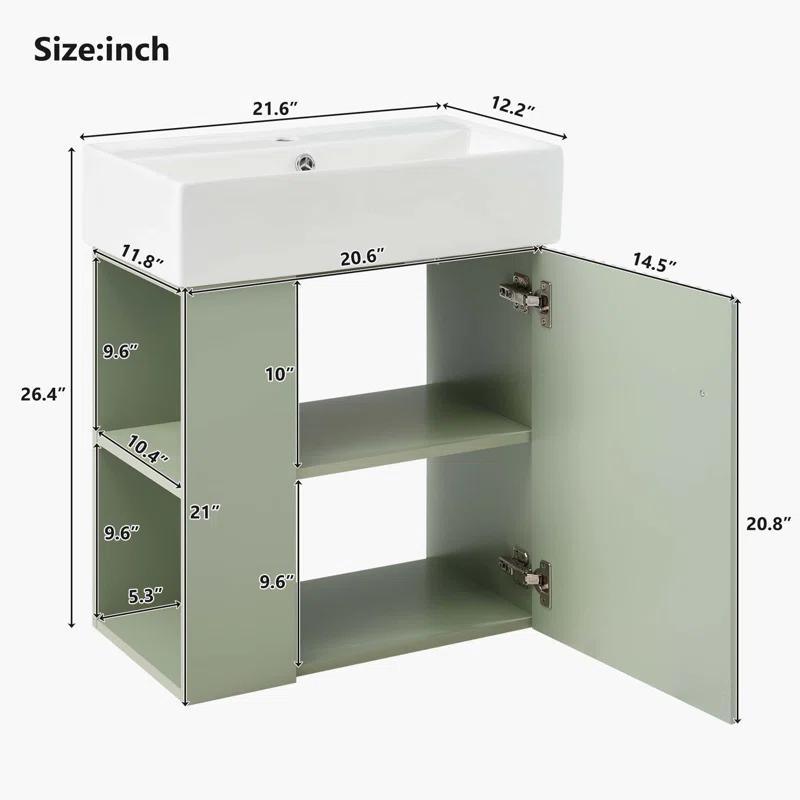 CARPET DESIGN UNLIMITED 2015 LLC 21.6 inch Modern Floating Bathroom Vanity with Ceramic Basin, Right side storage, Green
