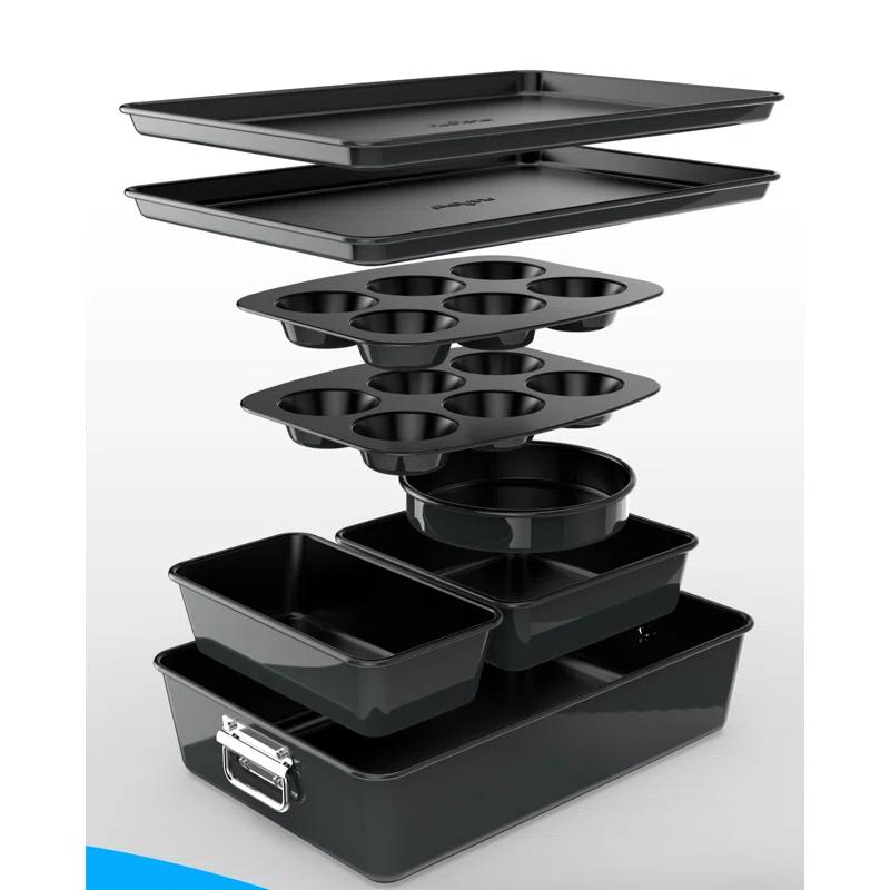 NutriChef 8-Piece Nonstick Stackable Bakeware Set - Pfoa, Pfos, Ptfe Free Baking Tray Set W/ Non-Stick Coating, 450°F Oven Safe, Round Cake, Loaf, Muffin, Wide/Square Pans, Cookie Sheet
