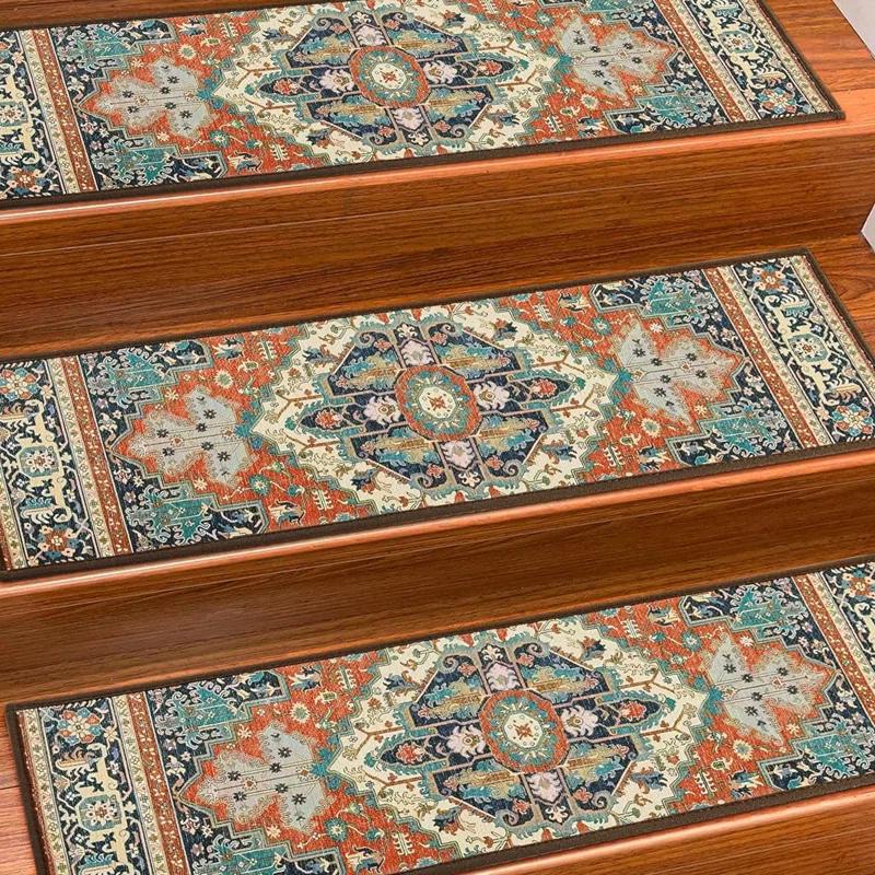 Bungalow Rose Stair Treads For Wooden Steps Indoor, 15 Pack 8" X 30" Non Slip Carpet Stair Treads With Reusable Adhesive For Kids Elders And Dogs, TPR Backing Stair Rugs Oriental Staircase Step Treads,Bohemia