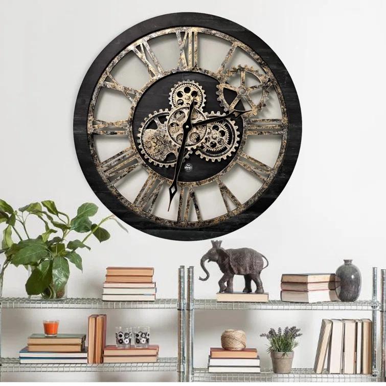 The Gears Clock Wall Clock 24" Round Oversized for Living Room decor with Real Moving Gears America Collection