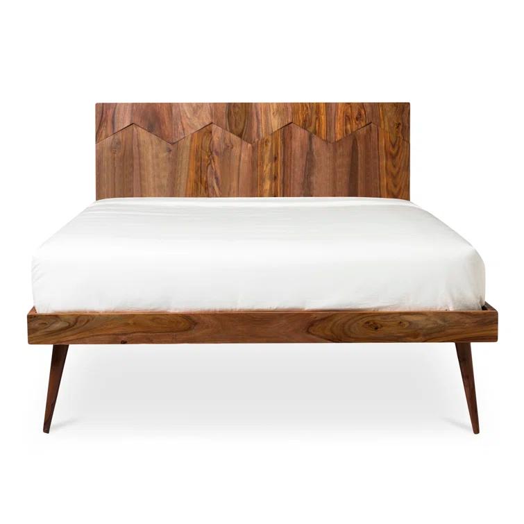 Deluxe Mid-Century Modern Sheesham Wood Queen Platform Bed with Storage