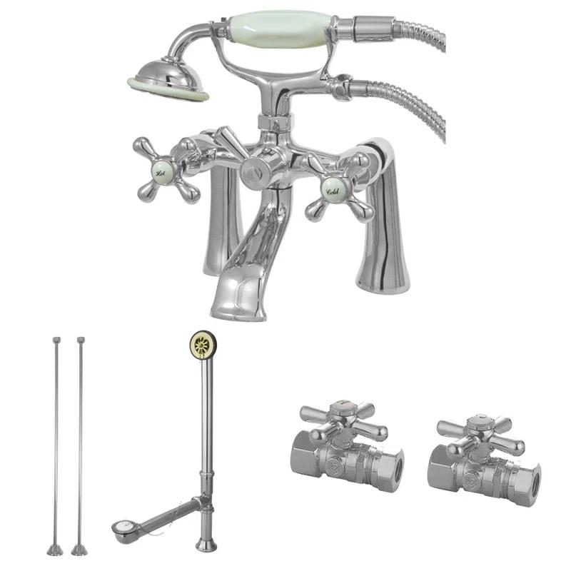 Kingston Brass Vintage Two-Handle 2-Hole Deck Mount Clawfoot Tub Faucet Package with Supply Line, Hand Shower and Tub Drain
