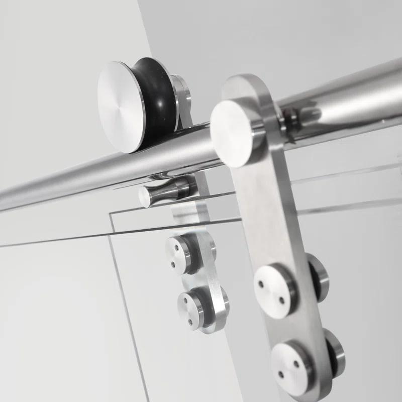 Frameless Single Sliding Shower Door, 5/16" (8Mm) Clear Tempered Glass With Explosion-Proof Film, Brushed Nickel Finish, Stainless Steel Hardware