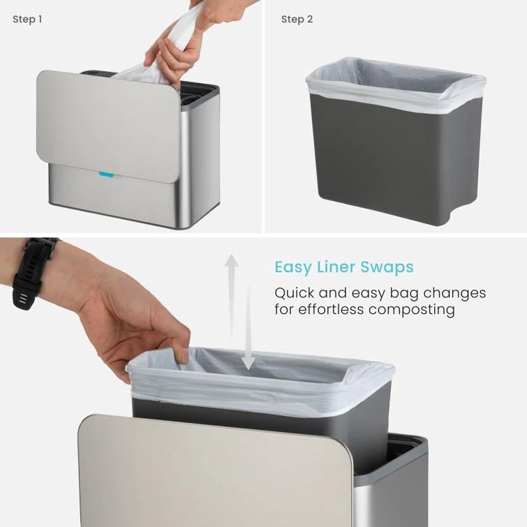 Home Zone Living Home Zone Living 5 Liter Kitchen Compost Caddy, Detachable And Countertop Bin Trash Can, With Cleanaura Odor Control, Stainless Steel, Silver