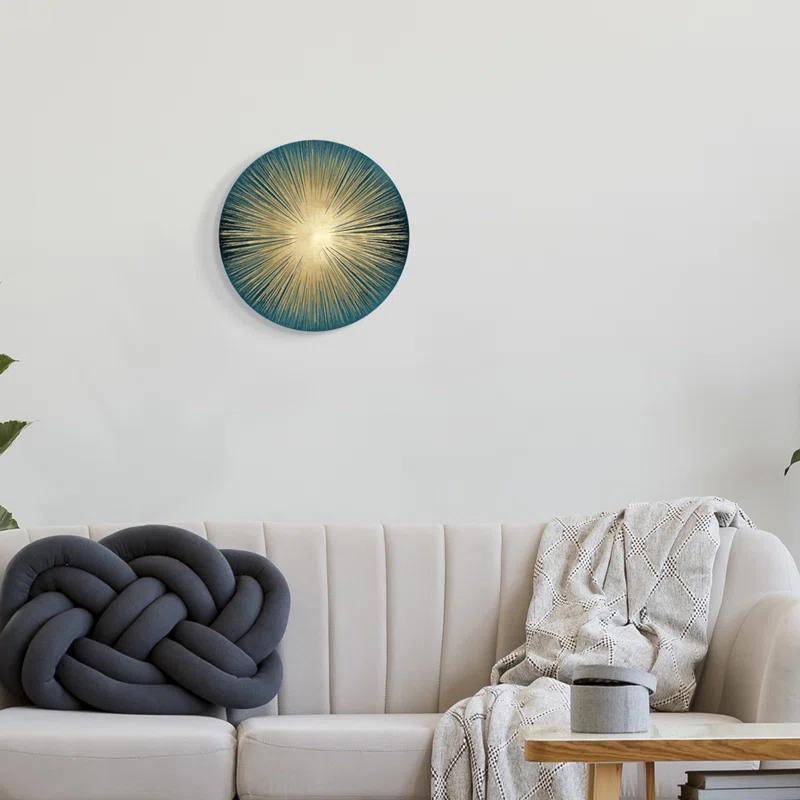 Stupell Industries Abstract Deco Sunburst Shape Over Dark Blue Circular Wall Plaque, 12" Diameter