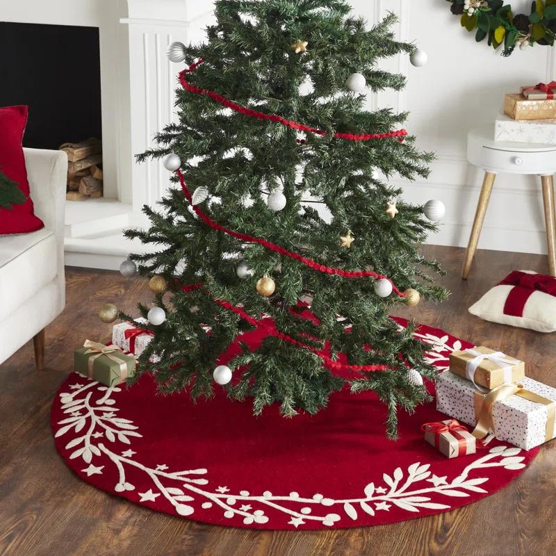 Arcadia Home Handmade Christmas Tree Skirt in Felt - Branches and Stars on Red