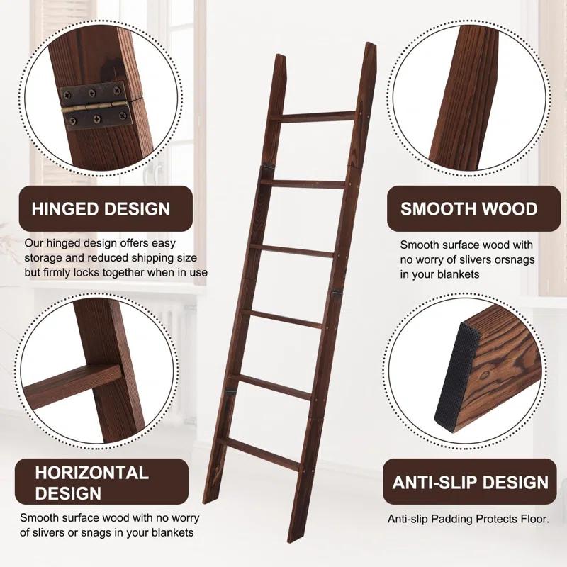 Latitude Run® Blanket Ladder For Living Room And Bedroom,6-Tier Decorative Display Ladder Shelf,Ladder Rack For Storage And Decor,Wall Leaning Farmhouse Blanket Storage,Towel Rack, Bathroom,Brown