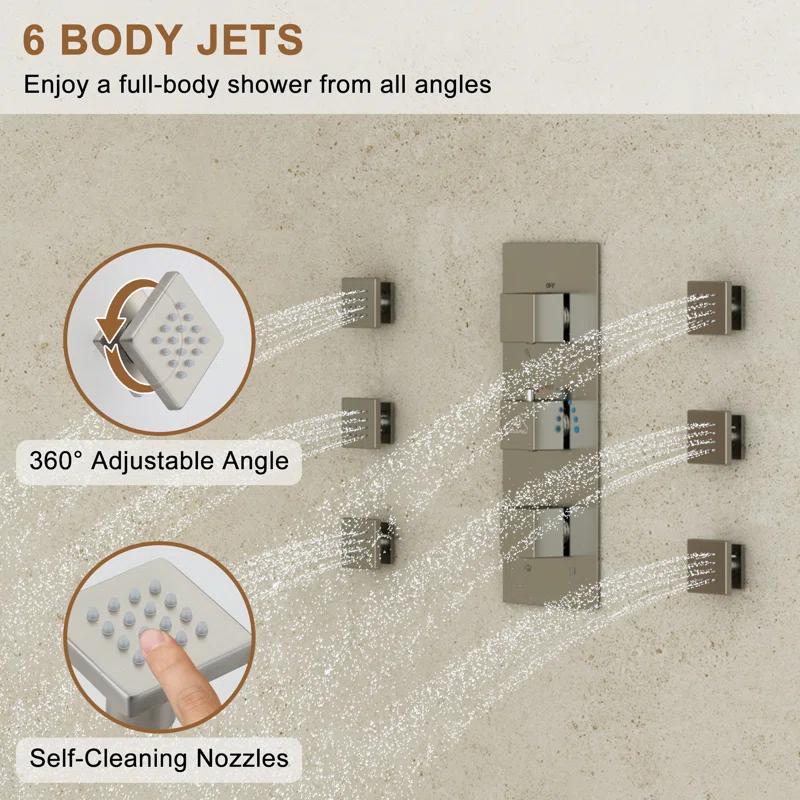 Rainfall Symphony 16inch Dual Shower Head Rainfall Thermostatic Shower System with 16-inch Slide Bar and Body spray