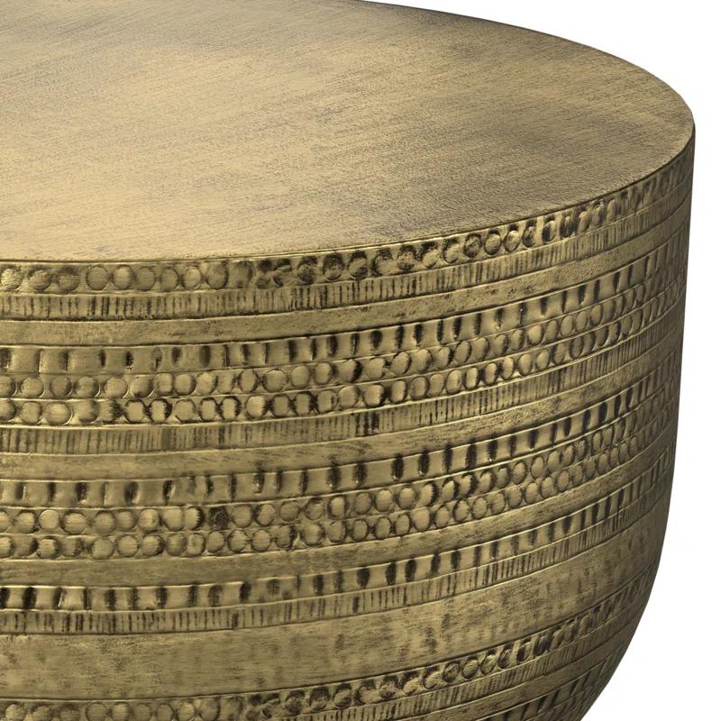 Simpli Home Johnsen 30"W Metal Boho Modern Round Coffee Table with Textured Detail, Assembled