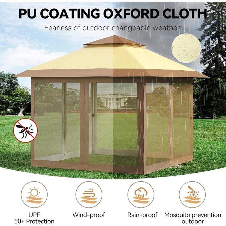 Yuan Home 12'X12' Outdoor Pop-Up Gazebo Canopy Tent With Curtains, Mosquito Netting, 2-Tiered Vented Top, 144 Sq. Ft. Shelter For Patio & Backyard Parties