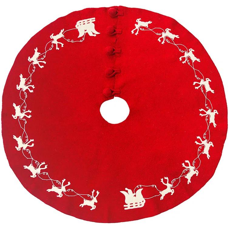 Arcadia Home Cream Reindeer on Red Christmas Tree Skirt in Hand Felted Wool - 60"/72"