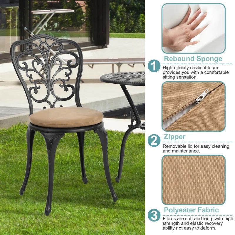 Astoria Grand 3 Piece Outdoor Patio Set Butterfly Pattern Cast Aluminum Bistro Table and Chairs Set of 2 with Cushion Black